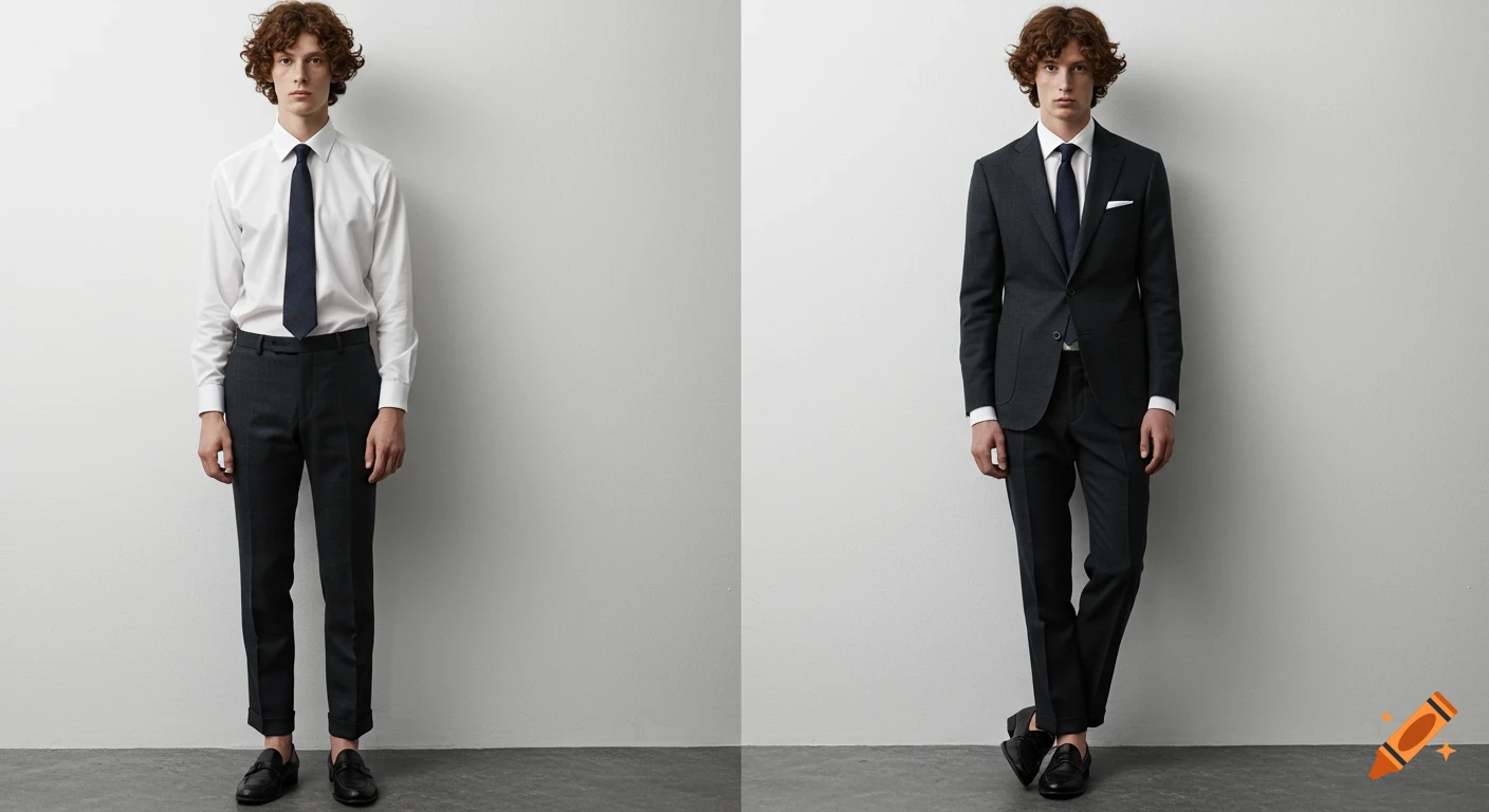 Two men modeling formal menswear: one in a white shirt and dark trousers, the other in a dark suit, against a white studio background.