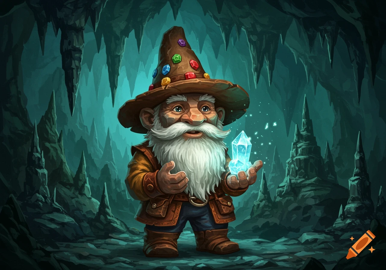 A cartoon fantasy gnome with a long white beard and gem-studded hat holds a glowing blue crystal in a dark cave.