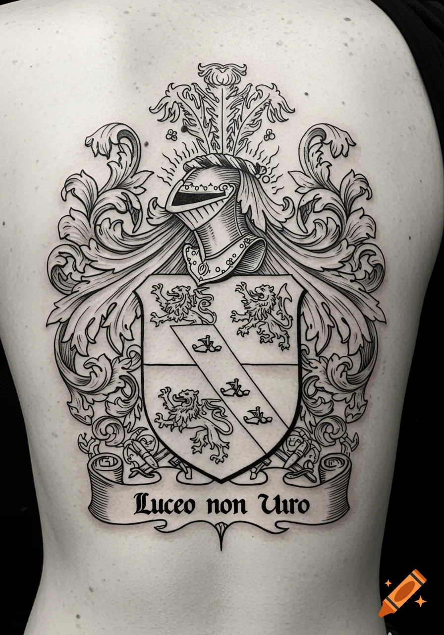 Black and white tattoo of a family crest with a helmet, shield, lions, and the motto 'Luceo non Uro' on a banner.