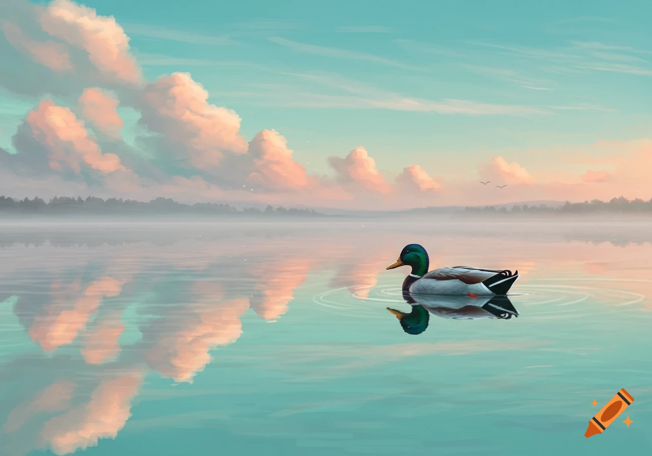 A mallard duck swims on a calm lake, reflecting dreamlike pink clouds in a turquoise sky, stylized painting.