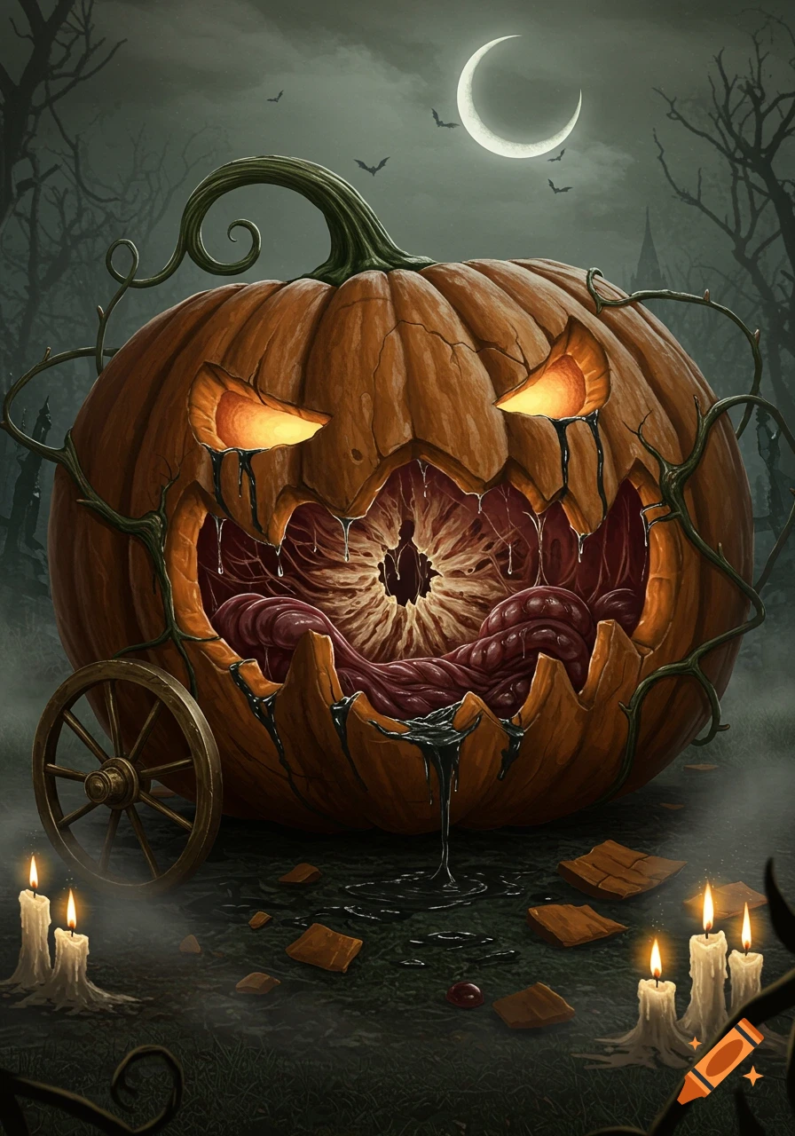 A macabre, glowing jack-o'-lantern with grotesque inner organs, a broken wheel, and melting candles in a dark, spooky landscape under a crescent moon.