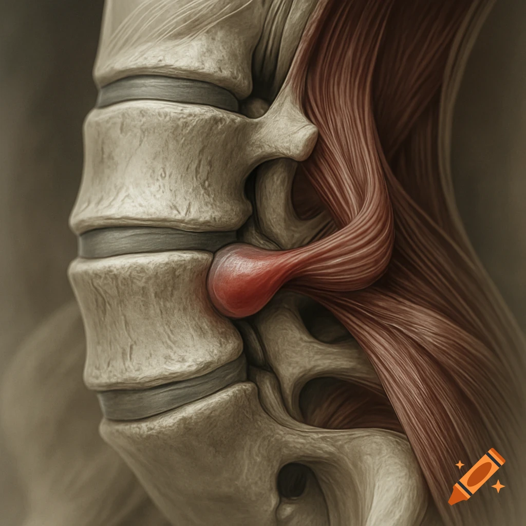 A detailed medical illustration of a lumbar disc bulge with surrounding muscles in contraction.