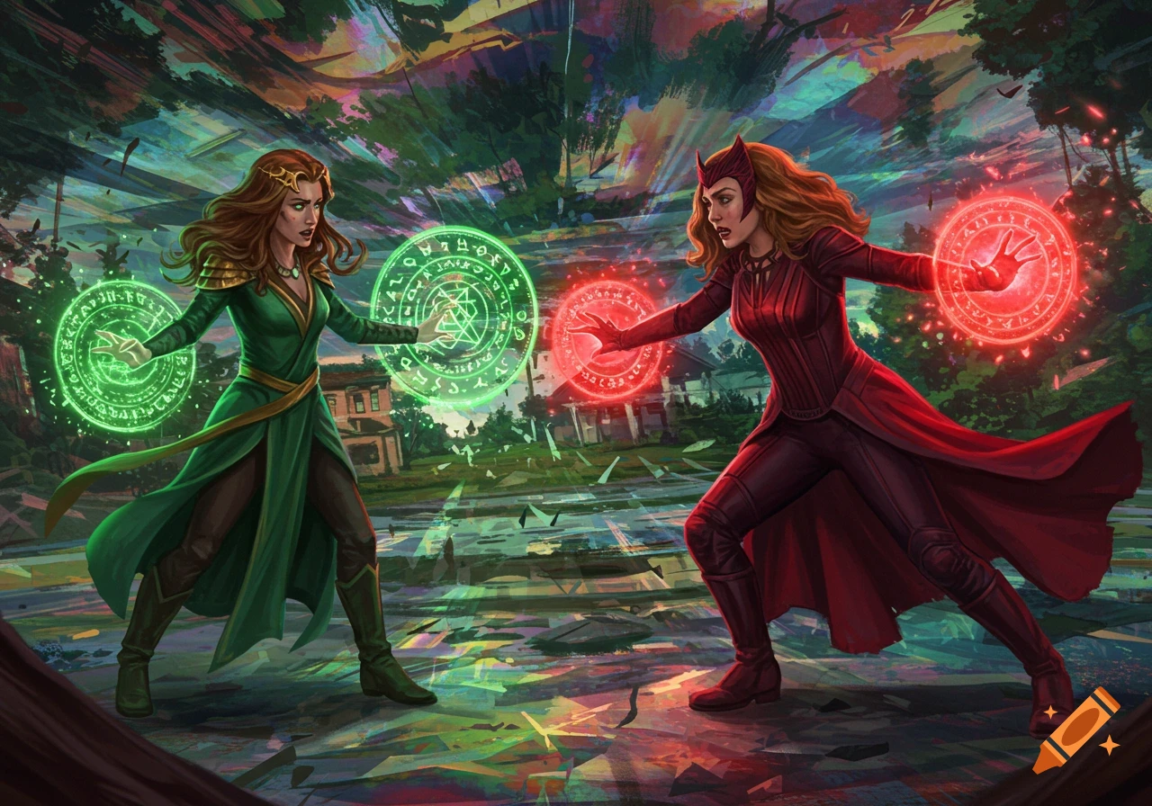 Two female magic-users, one in green and one in red, battle with glowing spells in a fantastical landscape.