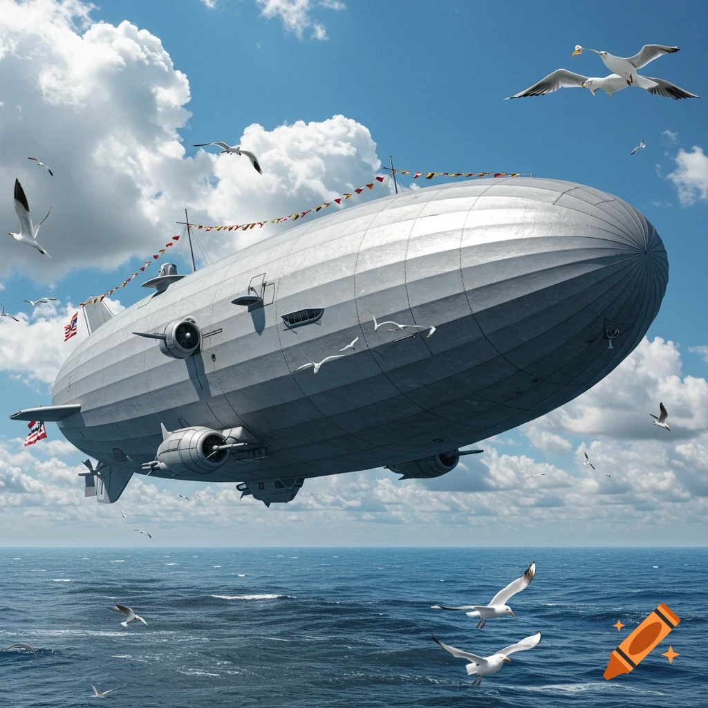 A large gray dirigible flies over a blue ocean under a partly cloudy sky, with many seagulls flying around it.