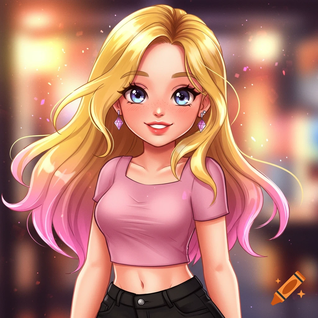 A cute anime girl with blonde hair with pink ombre tips, wearing a pink crop top and black bottoms, with diamond earrings.