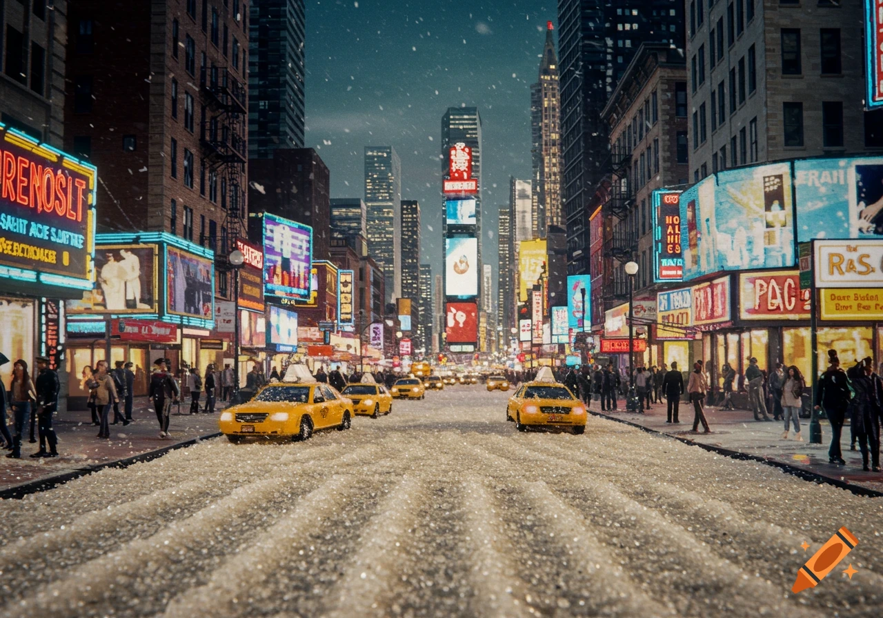 A busy New York City street with yellow taxis and pedestrians, with the road covered in a layer of white salt, surrounded by tall buildings with bright neon signs under a dark sky.