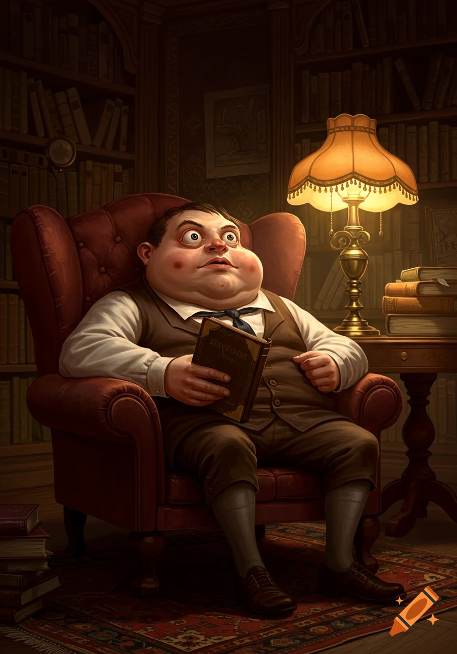 A portly, wide-eyed man with exaggerated features and a triple chin sits in a red armchair, holding a book, in a dimly lit library.
