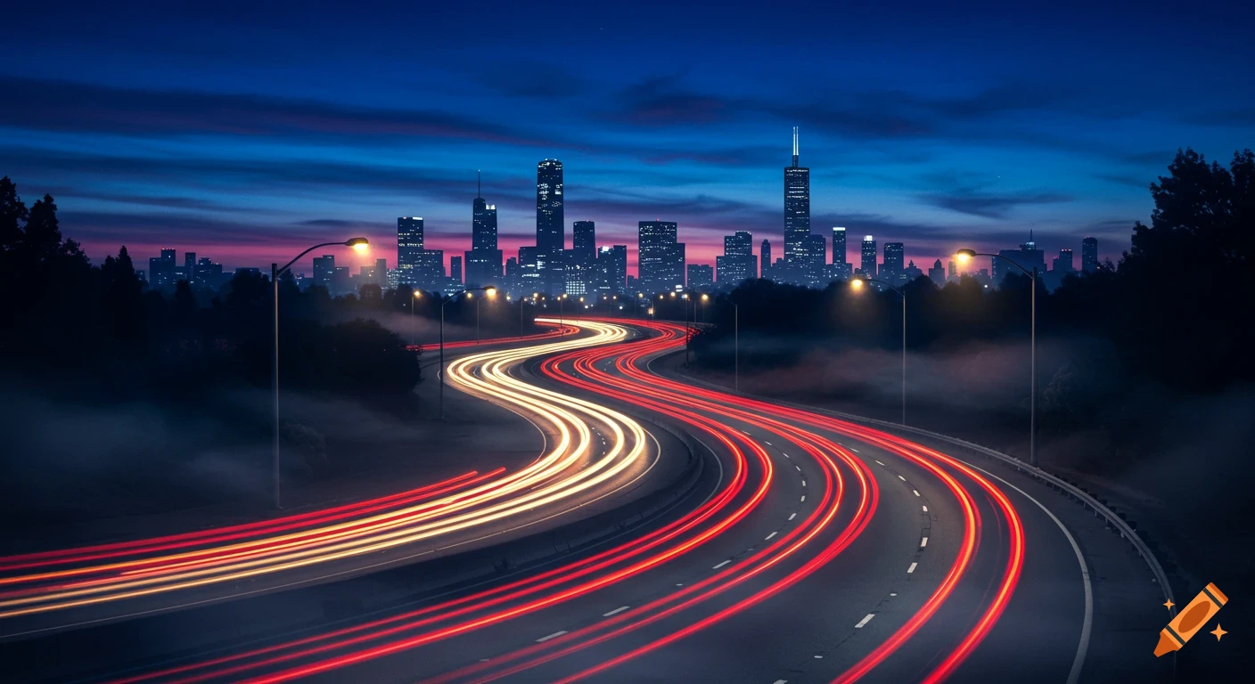 A long exposure view of a winding highway with red and white light trails leading to a bright city skyline at dusk.