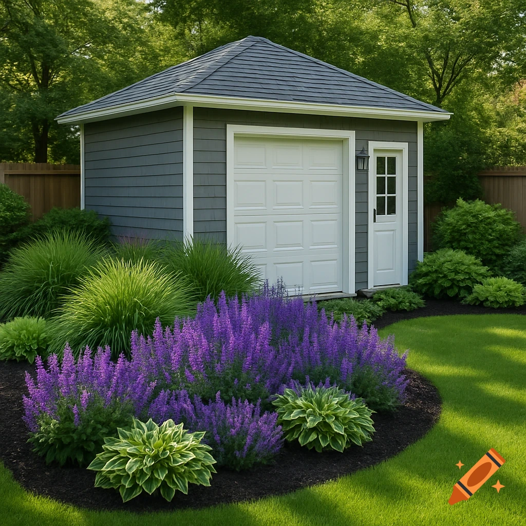 A well-maintained grey shed with white doors, surrounded by vibrant purple perennial flowers, green ornamental grasses, hostas, and a bright green lawn.