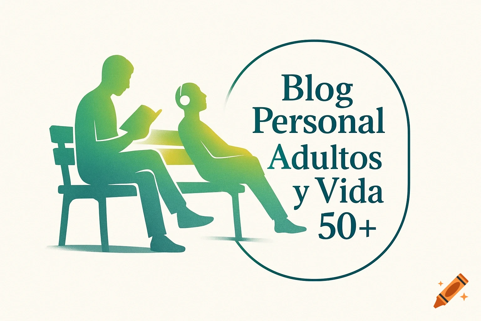 Illustration of two green and yellow silhouetted people on a bench, one reading, one listening to headphones, next to an oval logo with 'Blog Personal Adultos y Vida 50+' text.