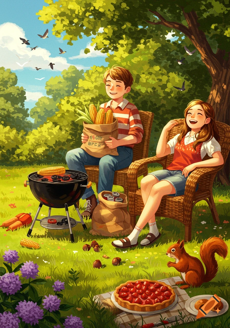 A happy boy and girl enjoy a park picnic with a barbecue, corn, and strawberry tart, while a squirrel watches. Stylized illustration.