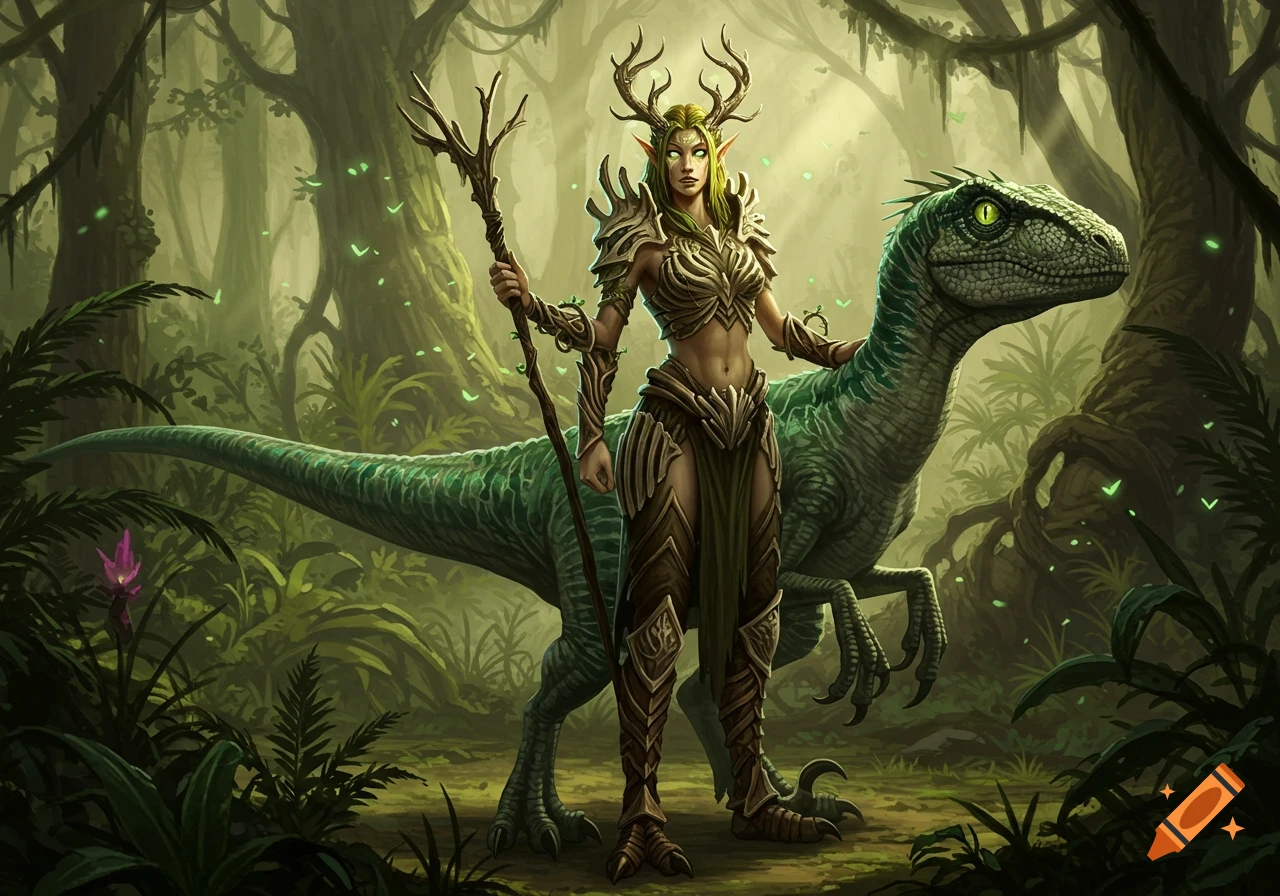 A fantasy elf druid woman in bone armor stands next to a velociraptor in a lush green jungle.
