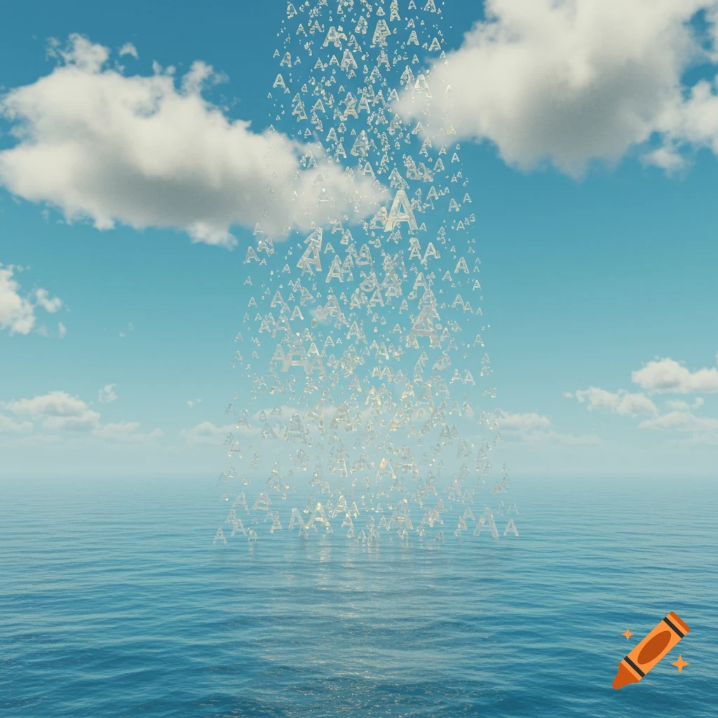 Transparent letter A's falling like rain from a bright blue sky into a calm blue ocean.