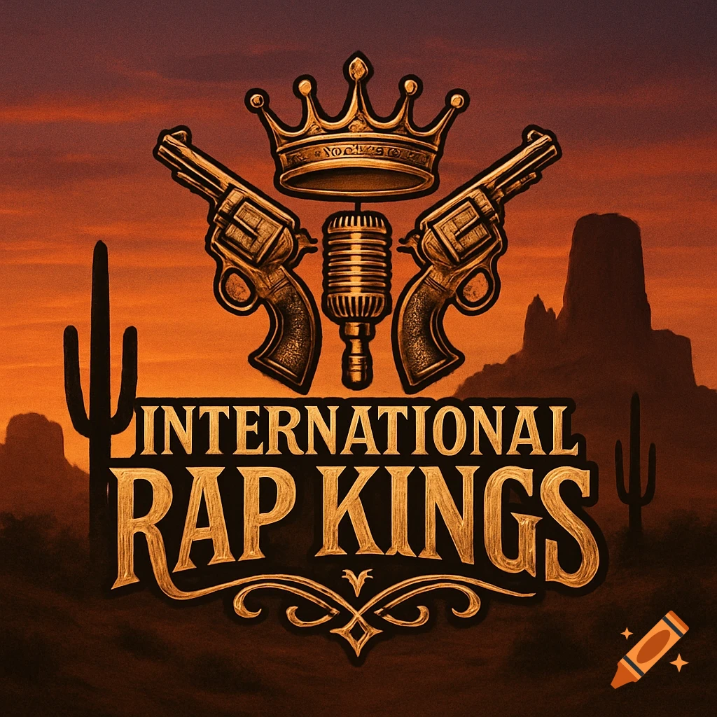 A vintage western logo featuring a gold crown, crossed revolvers, and a microphone with 'INTERNATIONAL RAP KINGS' text against a desert sunset.