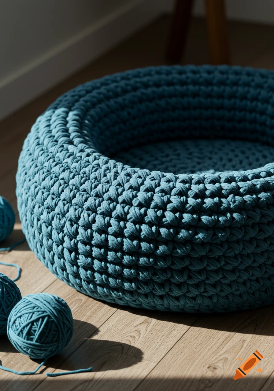 A close-up shot of a teal blue crocheted pet bed and two yarn balls on a sunlit wooden floor.