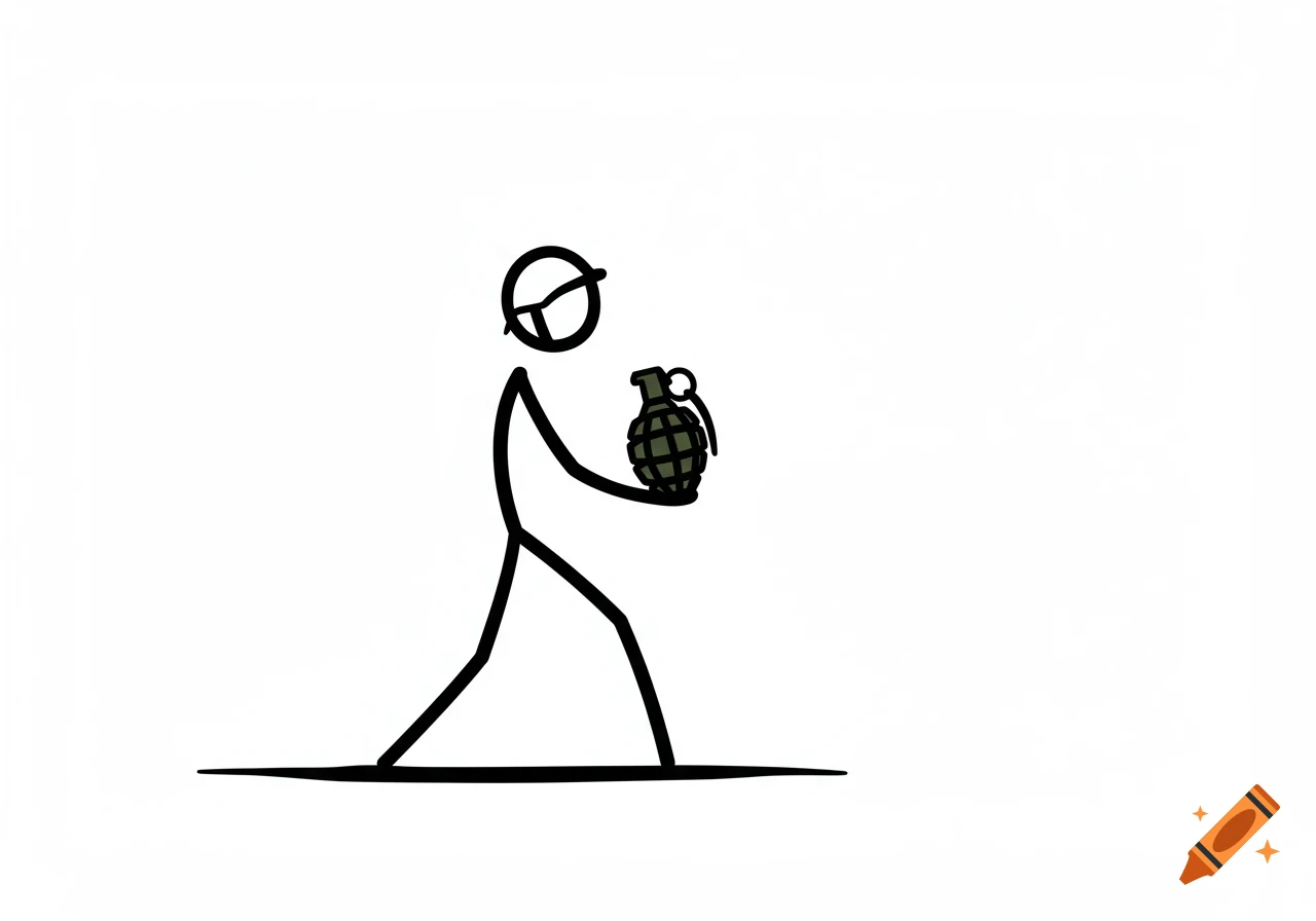 Bold black stick figure holds a green grenade on a white background.