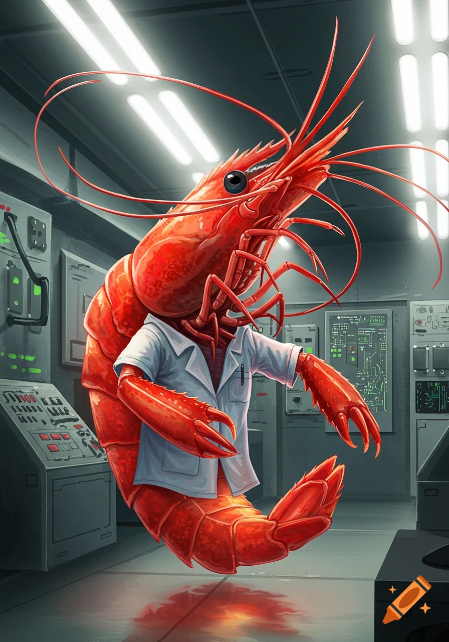 An anthropomorphic red shrimp, wearing a white lab coat, stands in a brightly lit, futuristic control room, illustrated.