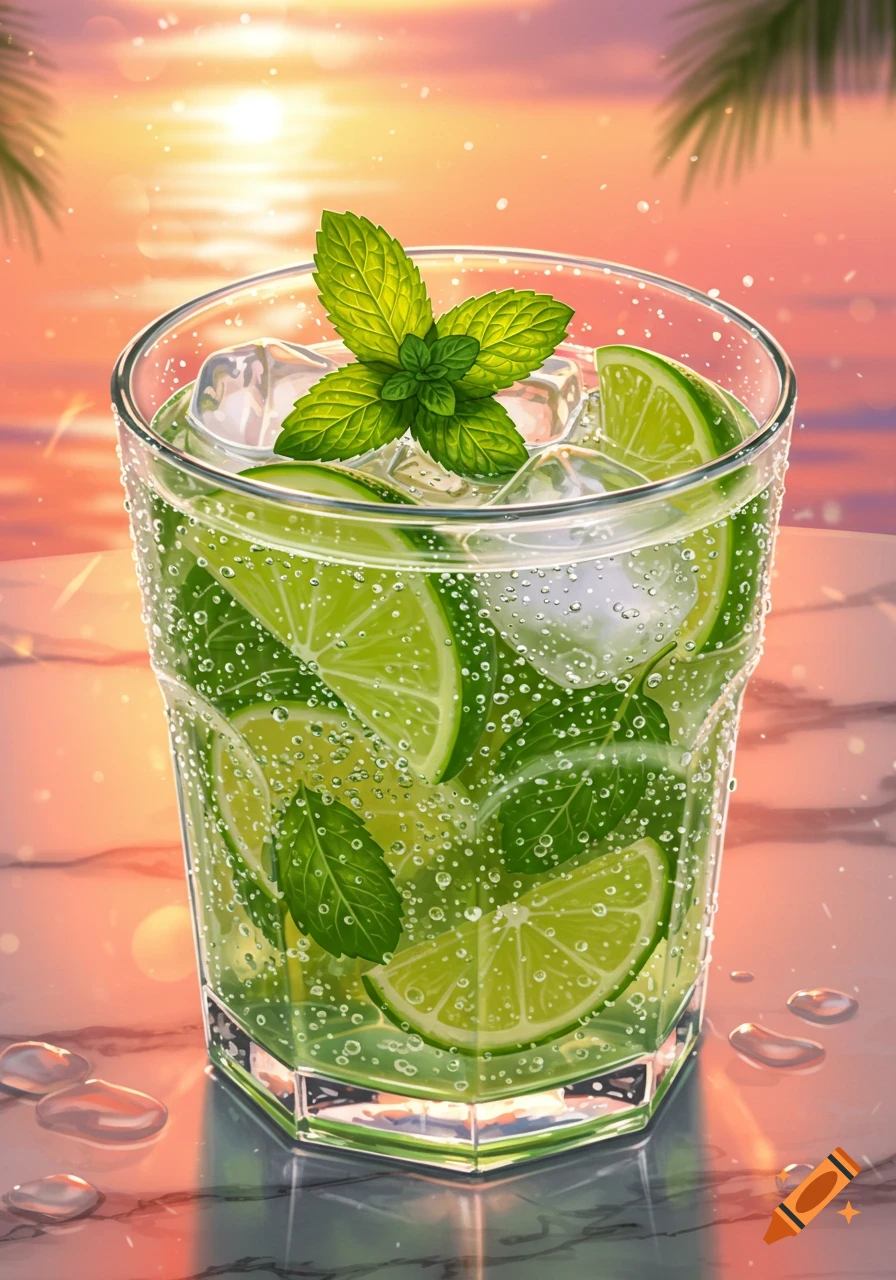 A vibrant illustration of a mojito cocktail with lime, mint, and ice, against a blurry sunset beach background.