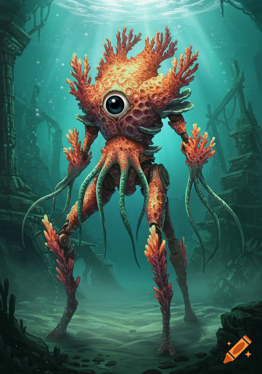 An ancient automaton creature made of orange coral with a large black eye and multiple tentacles, standing on three legs in an underwater ruin.