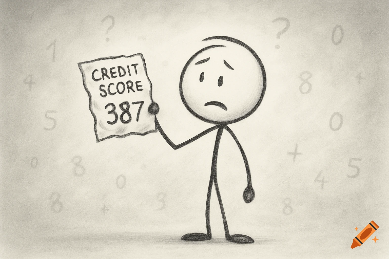 A black and white sketch of a sad stick figure holding a crumpled paper showing 'CREDIT SCORE 387'.