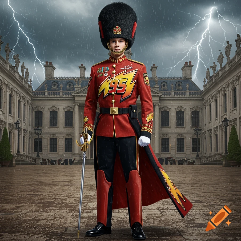 A photorealistic royal guard in a red uniform with a '95' logo stands with a sword in front of a palace under a stormy, lightning-filled sky.