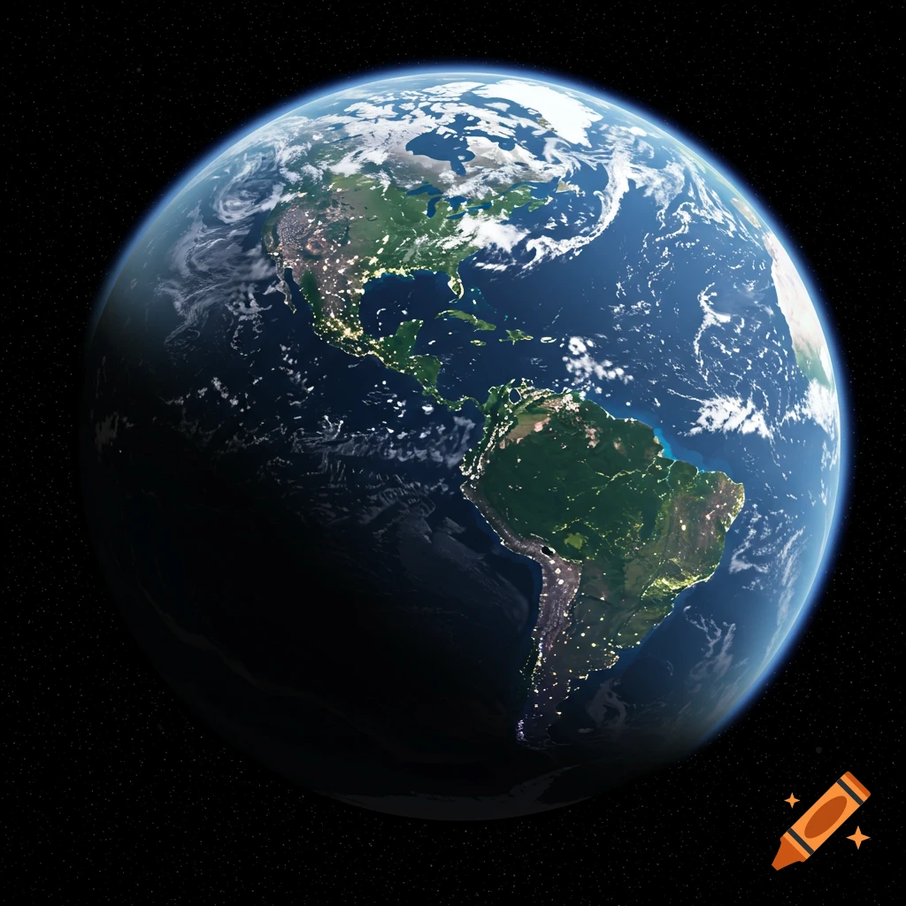 Photorealistic view of Earth from space, showing North and South America with illuminated city lights and clouds against a starry background.