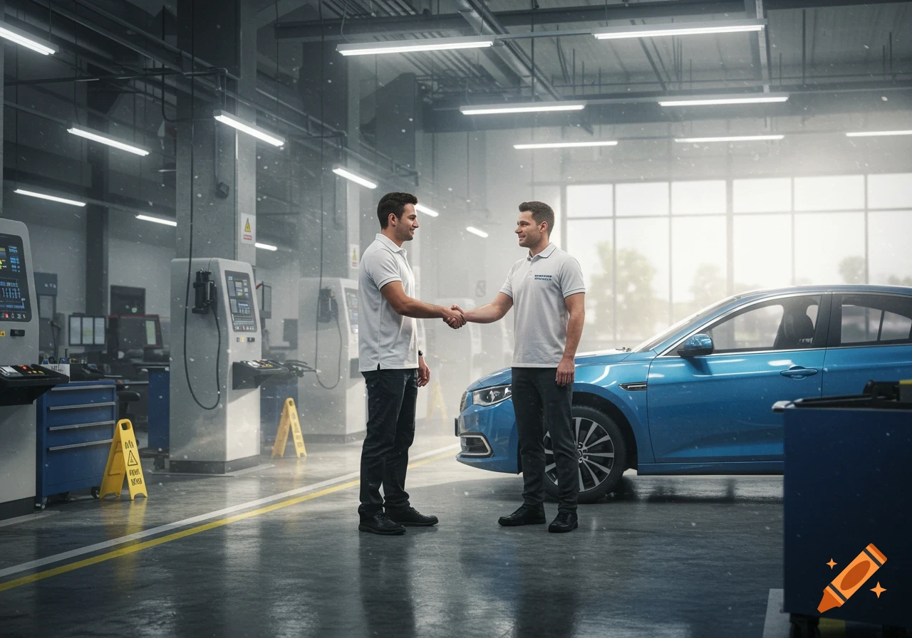 Two male service advisors in polos shake hands in a bright, modern automotive service bay with a blue car.