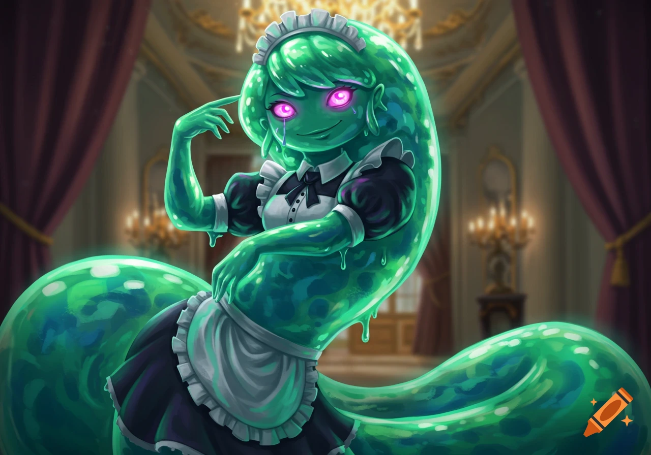 A vibrant green slime monster in a maid outfit poses in an elegant room with chandeliers.