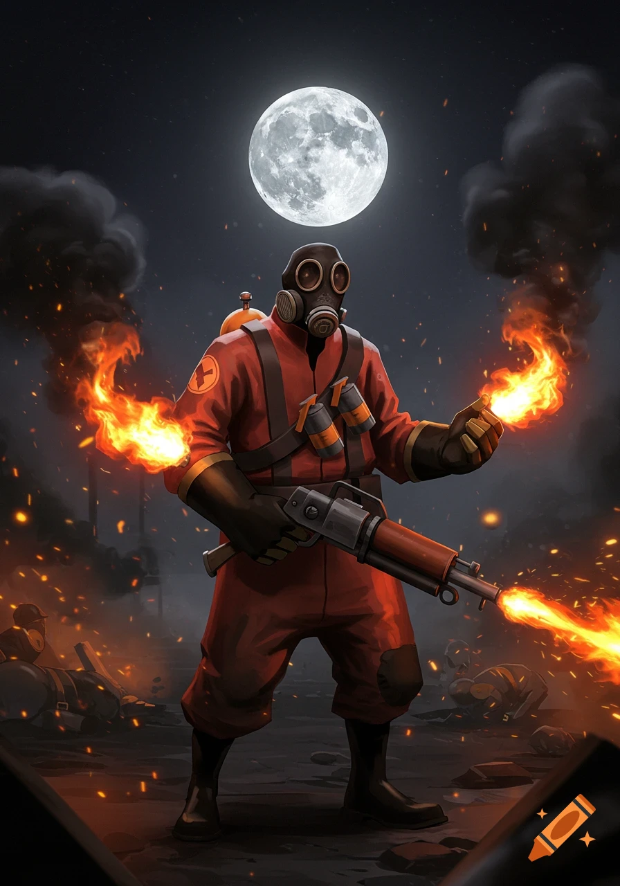 A stylized illustration of TF2's Pyro, a gas-masked character in a red suit, wielding a flamethrower and fire, under a full moon in a fiery, smoke-filled scene.