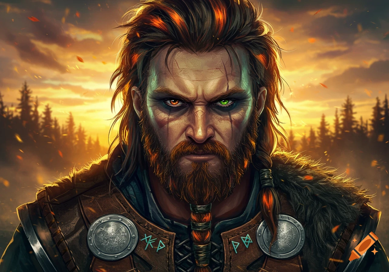 Close-up digital painting of a fierce Viking warrior with heterochromia and a braided beard, against a sunset forest.