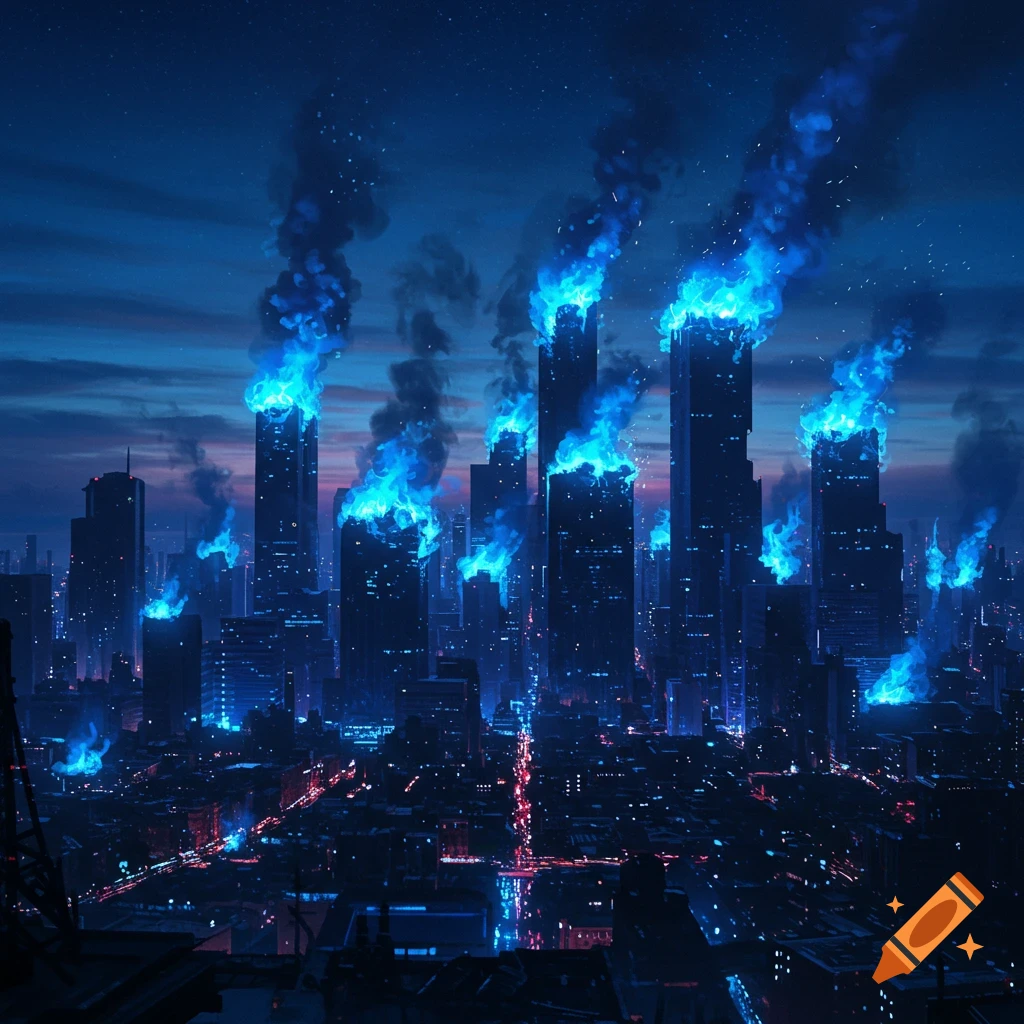 Nighttime cityscape with tall, futuristic buildings emitting bright blue fire and smoke into the dark, starry sky.