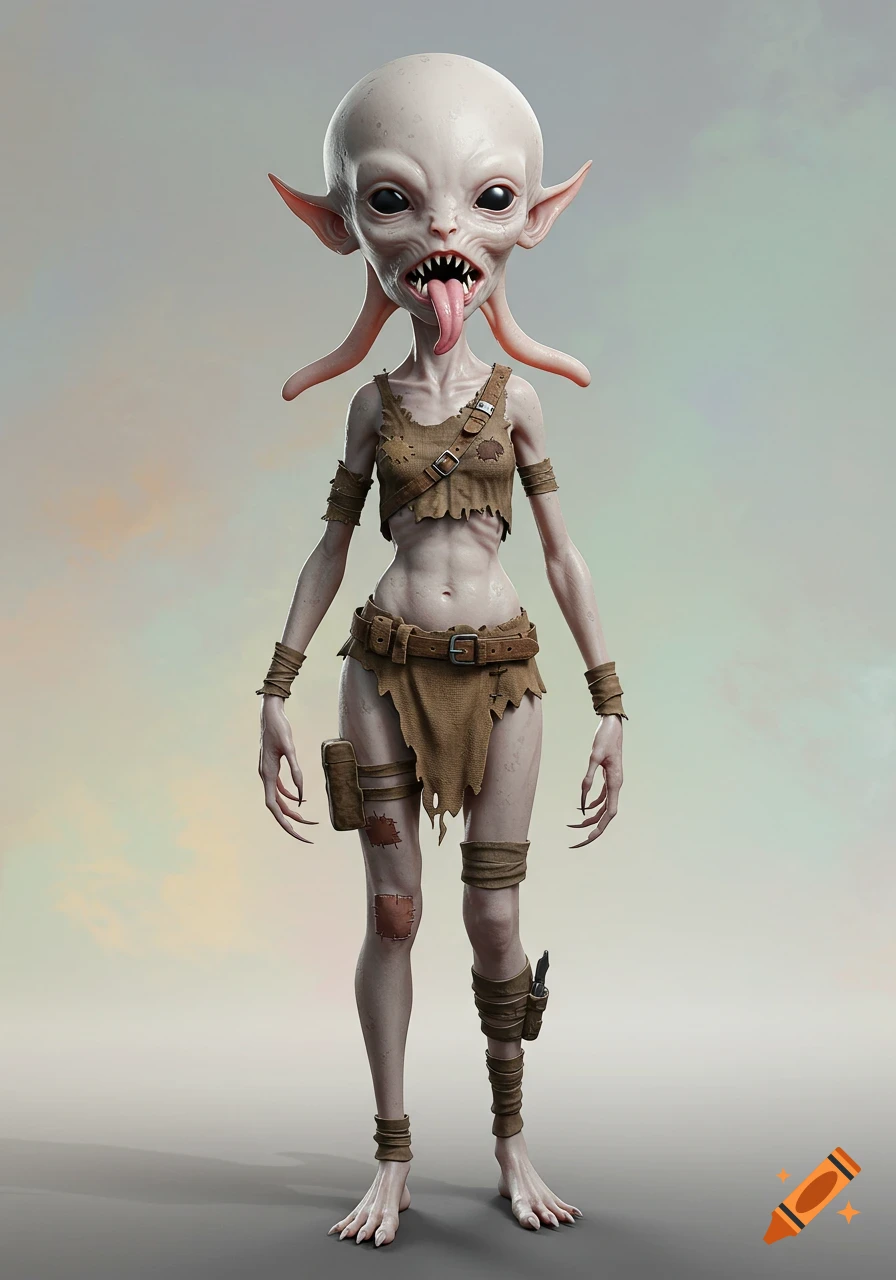 Full-body portrait of a pale, thin alien creature with a conical head, large black eyes, sharp teeth, and a long tongue, wearing torn, scavenged clothing.