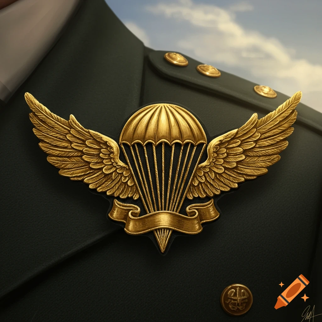 Close-up of a golden parachute badge with wings on a dark green military uniform with gold buttons.