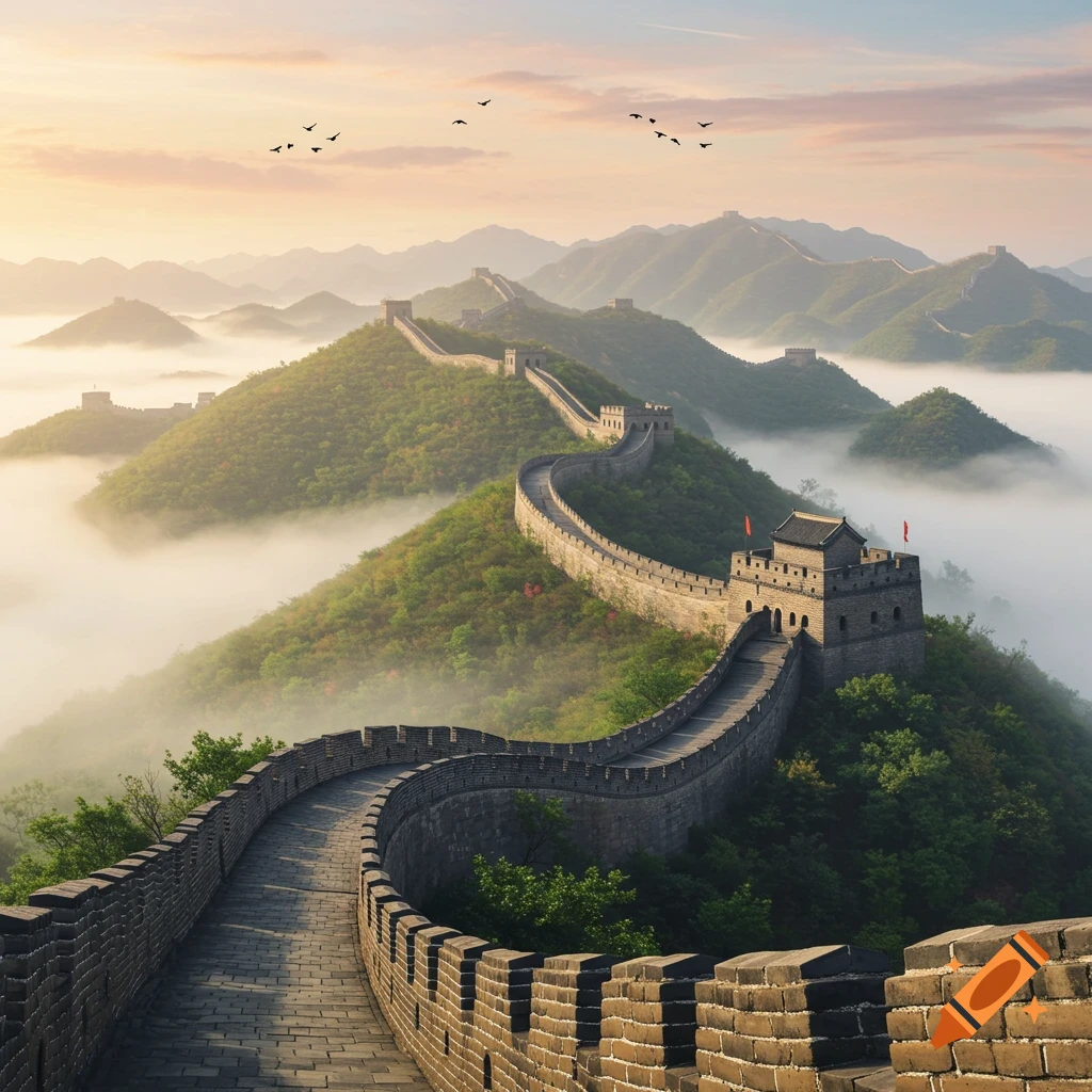 Photorealistic image of the Great Wall of China winding through misty, green mountains at sunrise with birds flying.