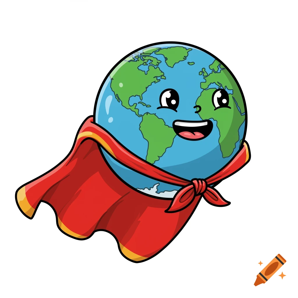 Cartoon Earth character wearing a red superhero cape with a happy expression on a white background.