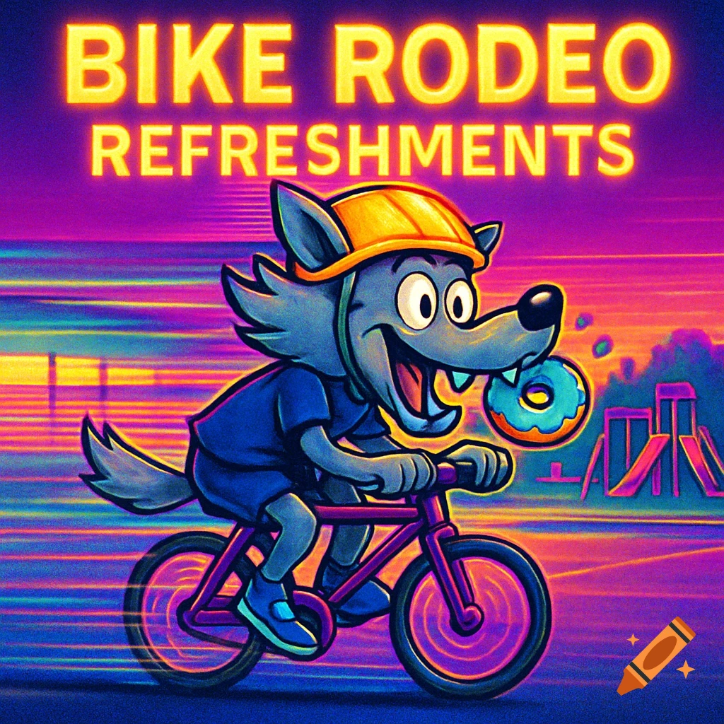 A cartoon wolf in a helmet and shirt rides a bike with a donut in its mouth. Yellow text 'BIKE RODEO REFRESHMENTS' above. 80s techno style.