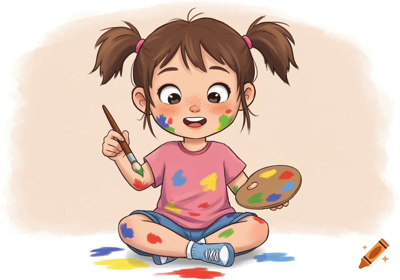 A smiling cartoon girl with pigtails, covered in colorful paint, sits holding a paintbrush and a palette.