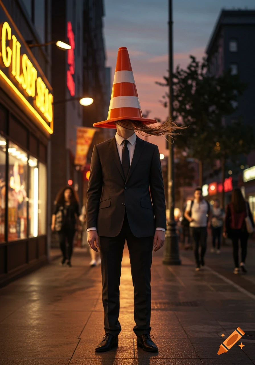 A person in a black suit with an orange traffic cone on their head stands on a city street at dusk, neon signs glow.