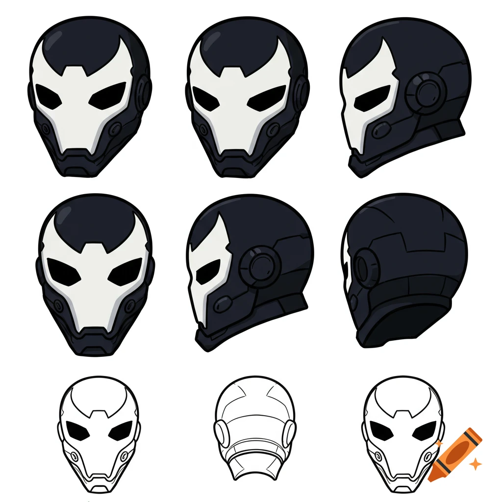 A character turnaround illustration of a black and white stylized helmet, shown from multiple angles in a cartoon style with thick outlines.