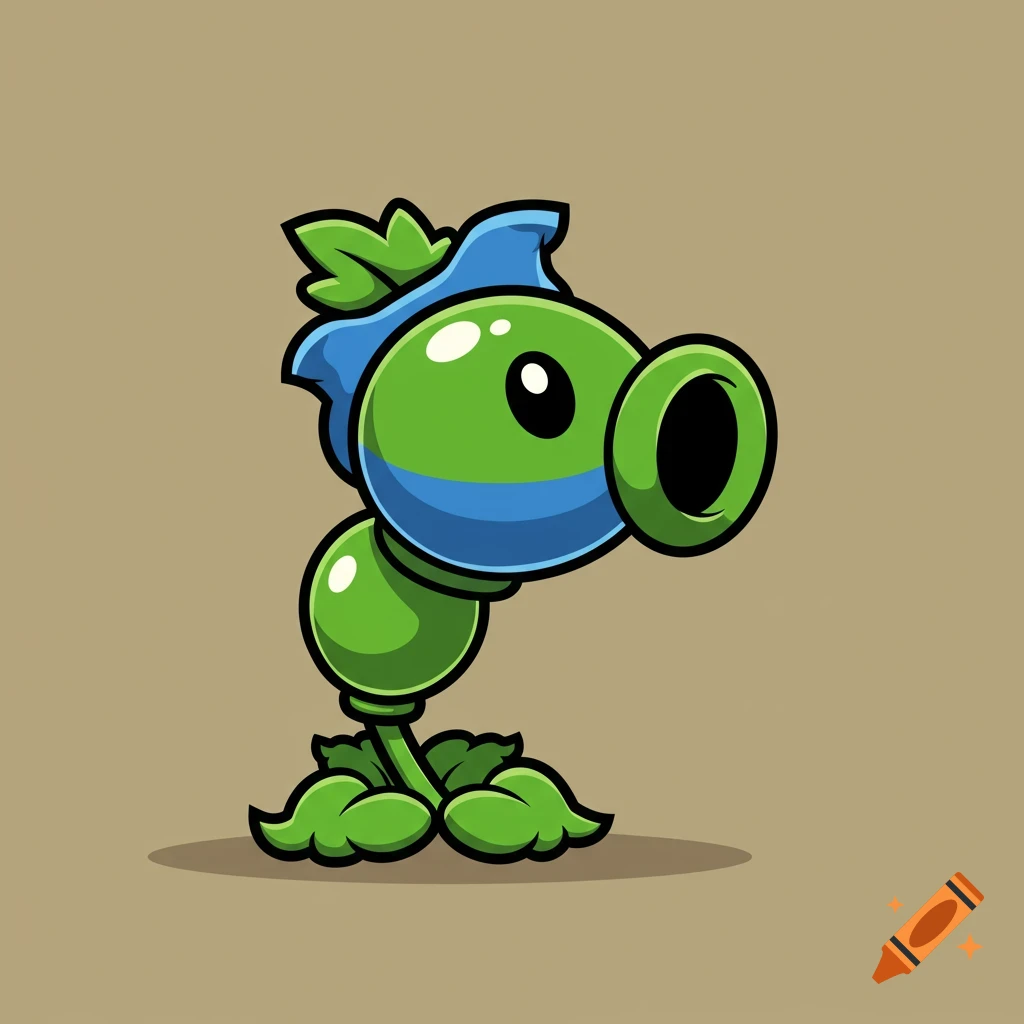 A cartoon green peashooter character with a blue frill on its head, standing on a brown background.