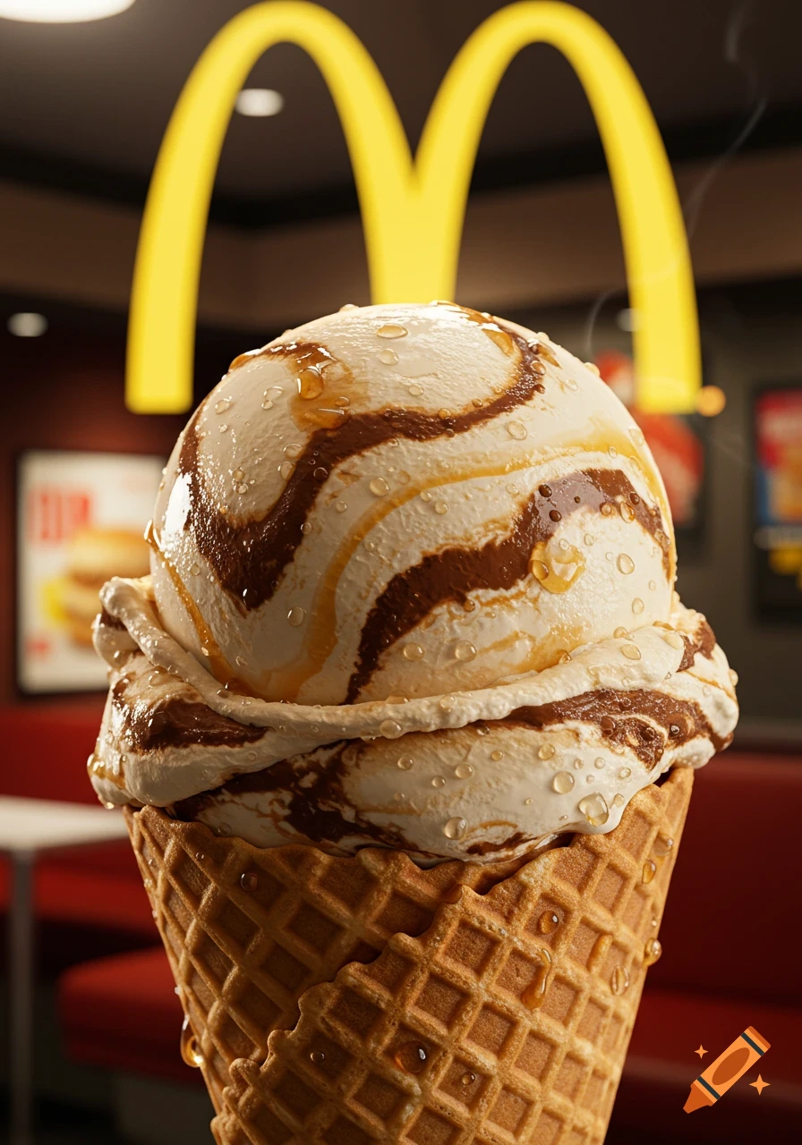 Close-up of a vanilla ice cream cone with chocolate and caramel swirls, covered in water droplets, in a McDonald's restaurant.