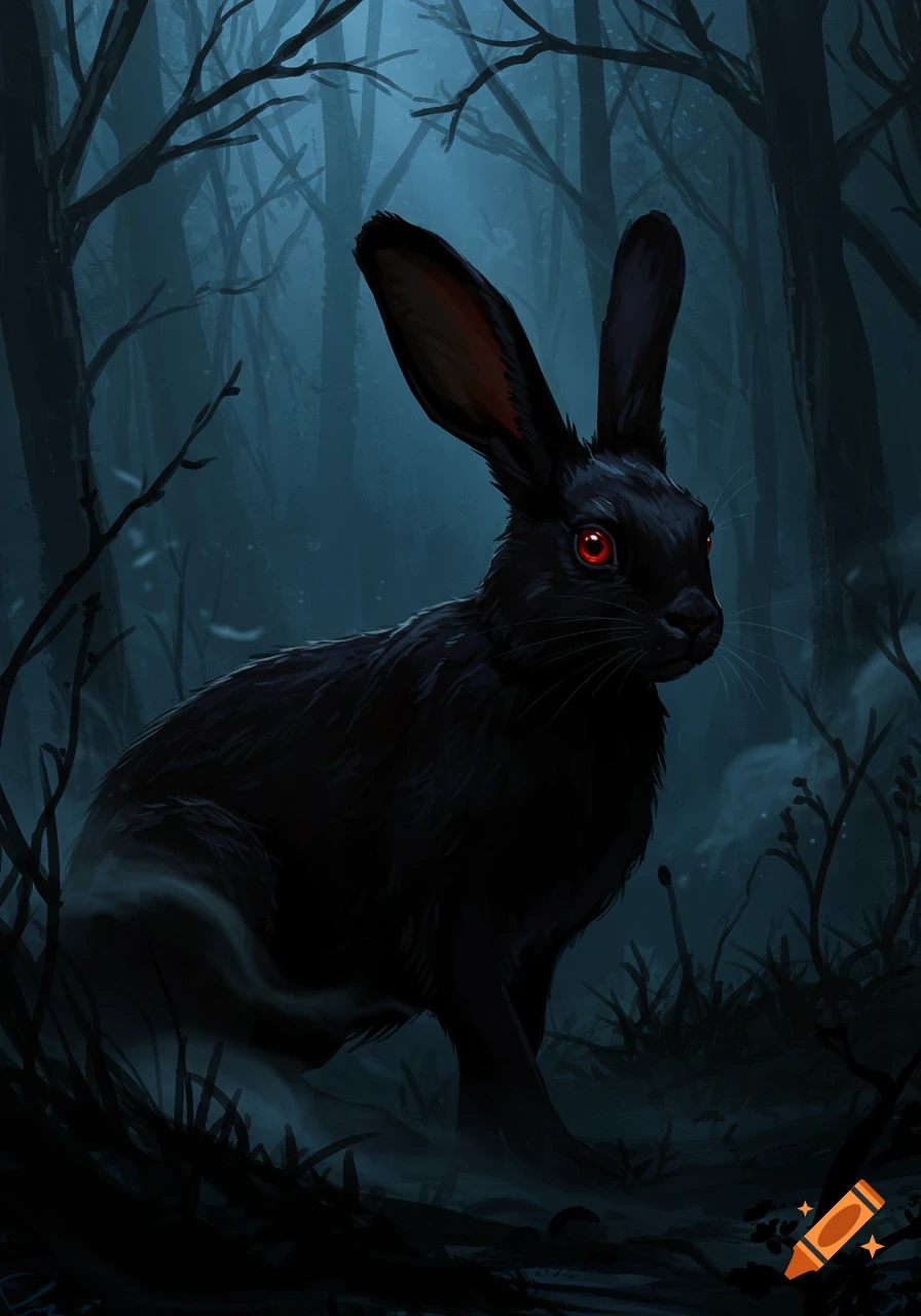A black rabbit with glowing red eyes in a dark, misty forest at night, digital art style.