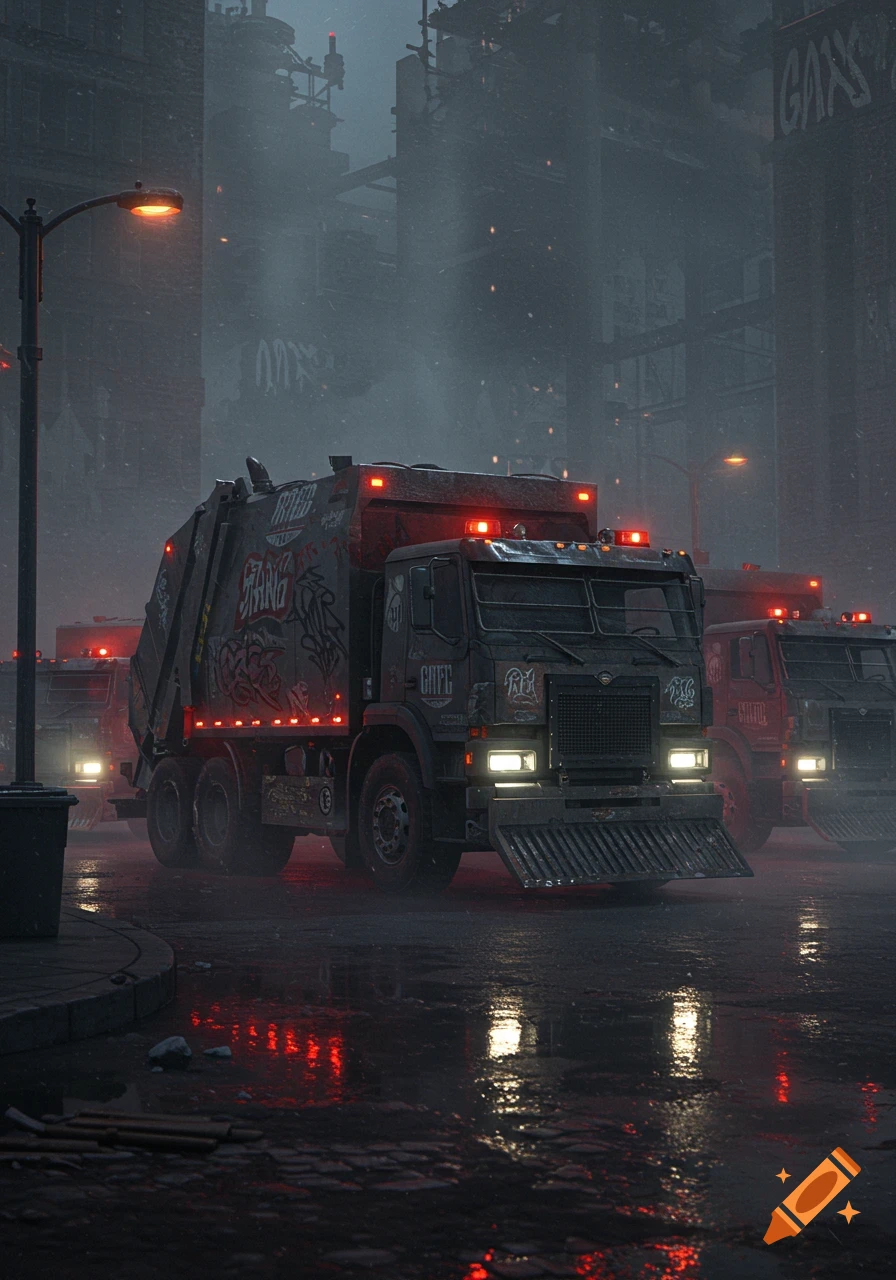A dark, atmospheric image shows a line of large, heavily armored garbage trucks with glowing red lights and graffiti on a wet, rainy city street at night.