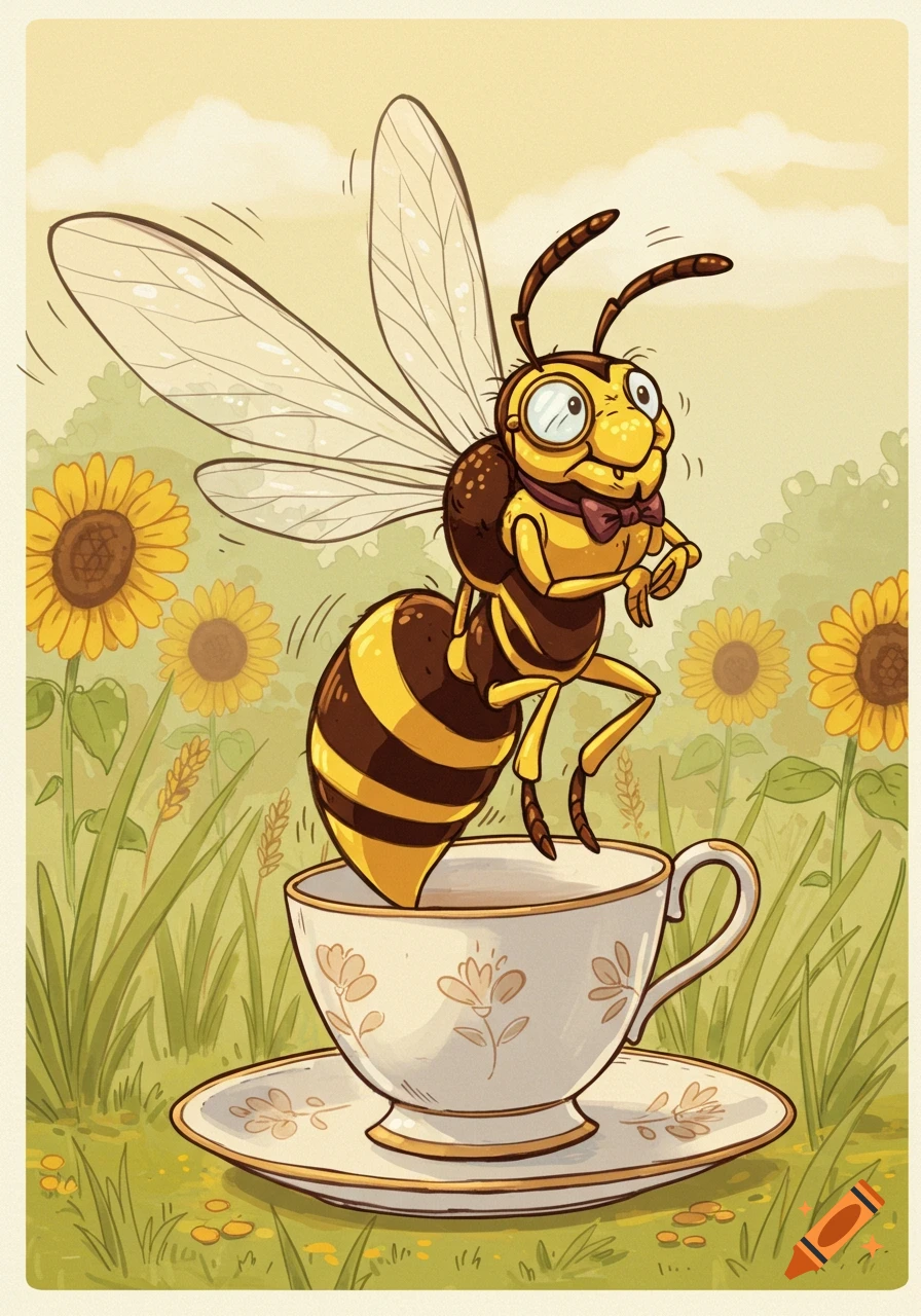 A cartoon wasp in a bow tie hovering over a teacup in a field of sunflowers.