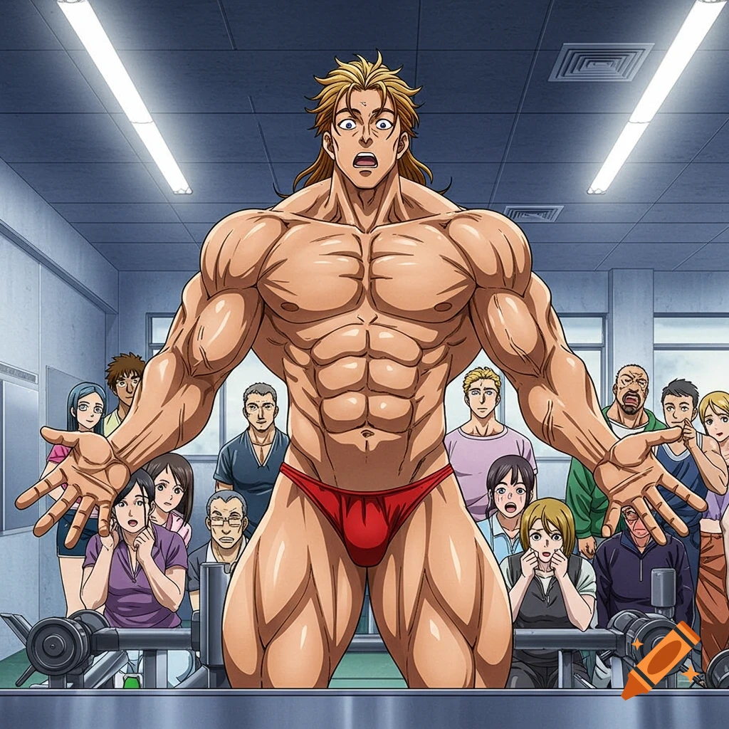 An anime-style muscular bodybuilder in a red speedo poses in a gym, looking shocked as others watch him.