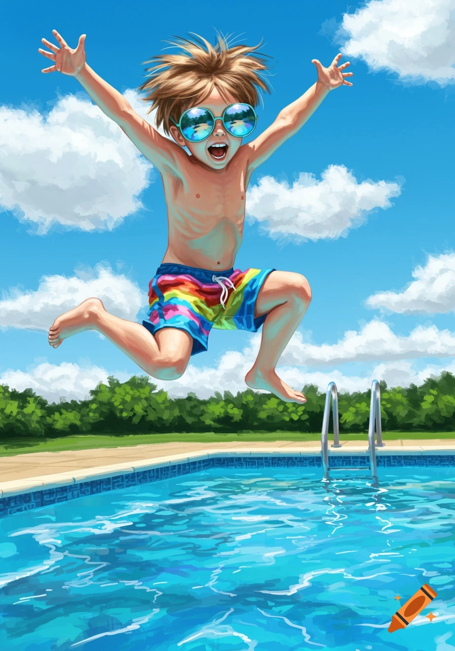 An excited boy wearing colorful swim trunks and sunglasses jumps above a swimming pool under a blue sky, in an illustrative style.