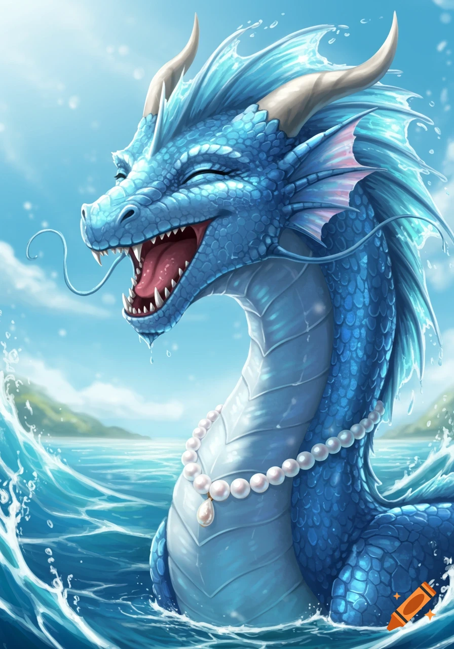 A happy blue dragon with horns and fins laughs in the ocean, wearing a pearl necklace. Detailed digital art.