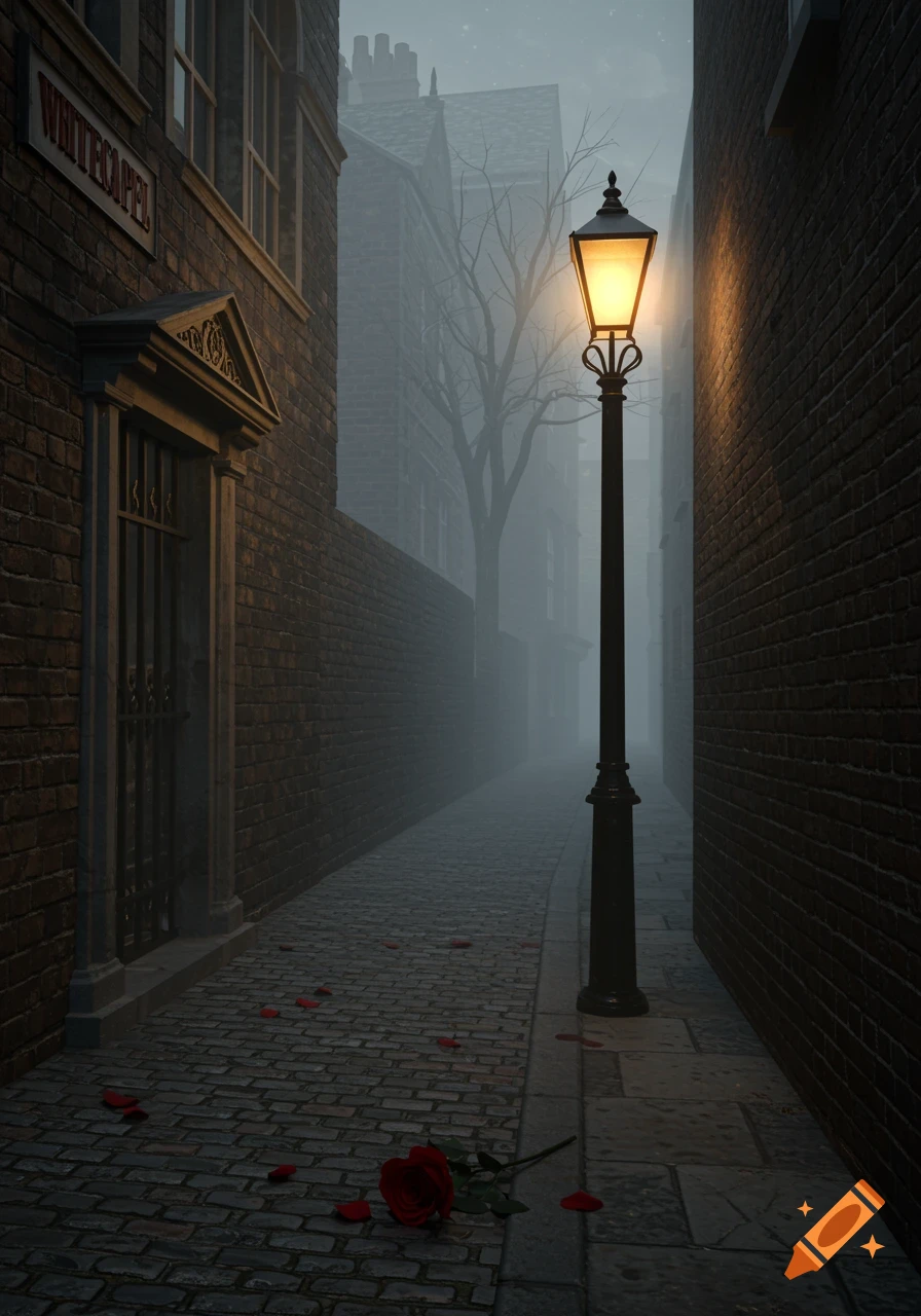 A foggy Victorian alley at night, with a glowing gas lamp, brick buildings, cobblestone path, and a red rose on the ground.
