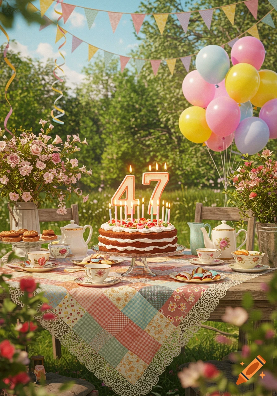 A vibrant outdoor birthday celebration with a cake displaying the number '47', colorful balloons, and a beautifully set tea table.