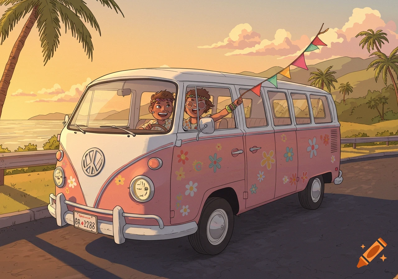 An illustration of two happy people driving a pink and white floral VW bus along a coastal road at sunset.